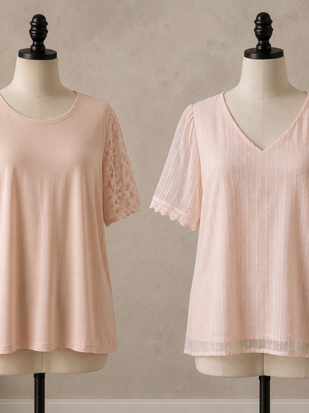 Women's Blush Short Lace Sleeve Top  And Light Coral Top With Lace Sleeves